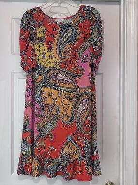 Ivy Lane EUC Size Large Paisley Knee Length Dress Bohemian Bottom Ruffle Midi